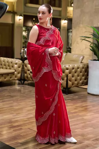 Red shimmer chiffon embroidery saree with unstitched blouse piece