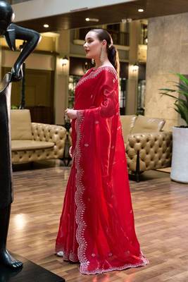 Red shimmer chiffon embroidery saree with unstitched blouse piece 4