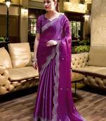 Purple soft shimmer chiffon embroidery work designer party wear festive saree with unstitched blouse piece