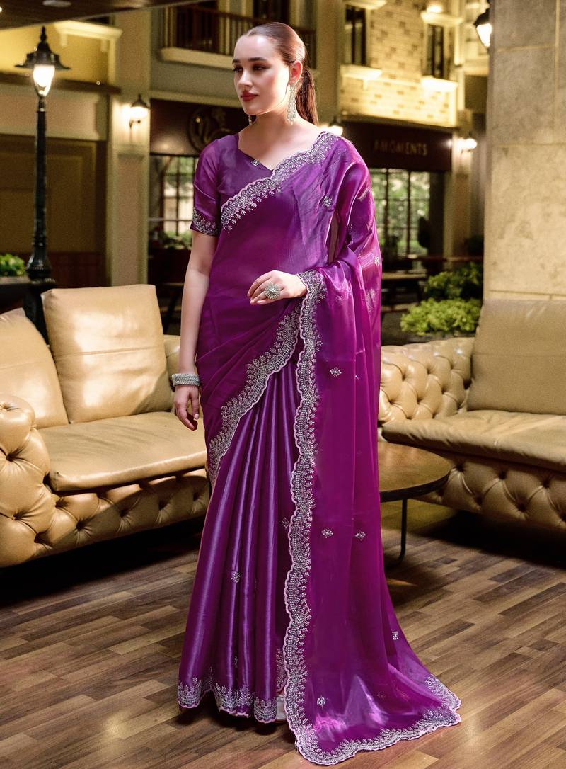 Purple soft shimmer chiffon embroidery work designer party wear festive saree with unstitched blouse piece