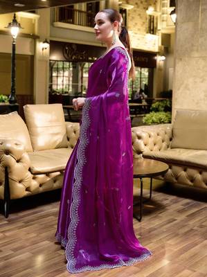 Purple shimmer chiffon embroidery saree with unstitched blouse piece 2