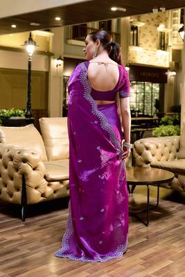 Purple shimmer chiffon embroidery saree with unstitched blouse piece 4