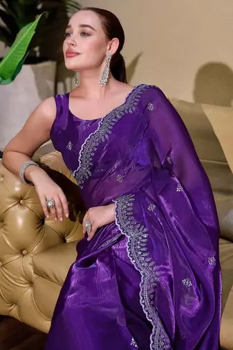 Plum shimmer chiffon embroidery saree with unstitched blouse piece