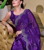 Plum soft shimmer chiffon embroidery work designer party wear festive saree with unstitched blouse piece