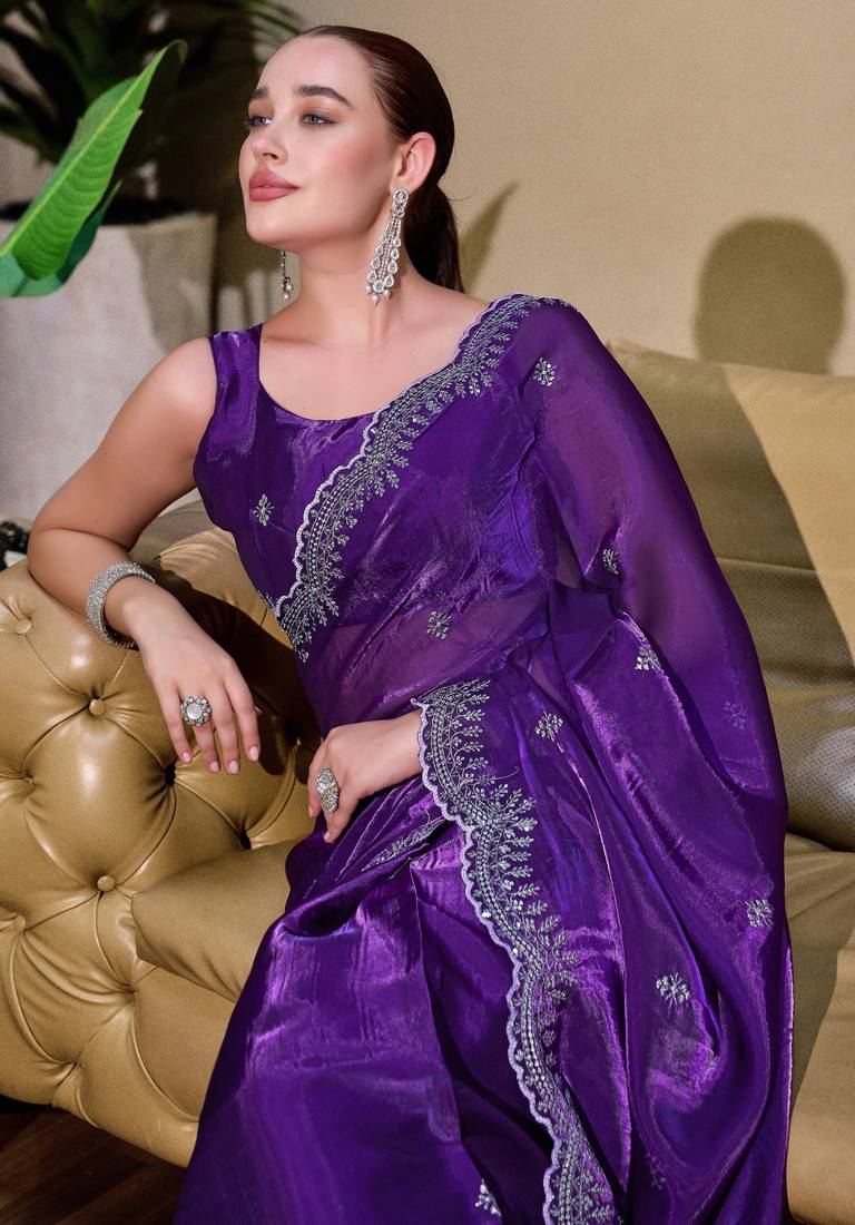 Plum soft shimmer chiffon embroidery work designer party wear festive saree with unstitched blouse piece