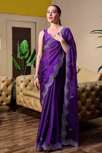 Plum shimmer chiffon embroidery saree with unstitched blouse piece