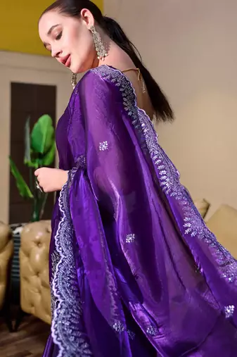 Plum shimmer chiffon embroidery saree with unstitched blouse piece
