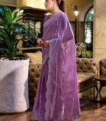 Lavender soft shimmer chiffon embroidery work designer party wear festive saree with unstitched blouse piece