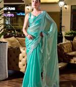 Sky blue shimmer chiffon embroidery saree with unstitched blouse piece