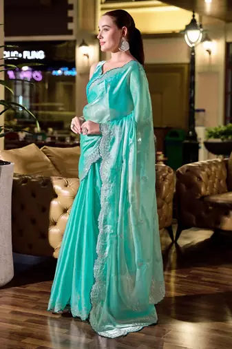Sky blue shimmer chiffon embroidery saree with unstitched blouse piece