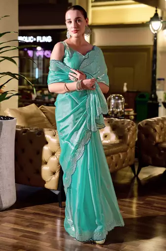 Sky blue shimmer chiffon embroidery saree with unstitched blouse piece