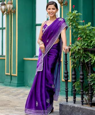 Plum shimmer chiffon embroidery saree with unstitched blouse piece 1