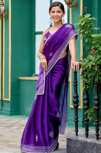 Plum soft shimmer chiffon embroidery work designer party wear festive saree with unstitched blouse piece