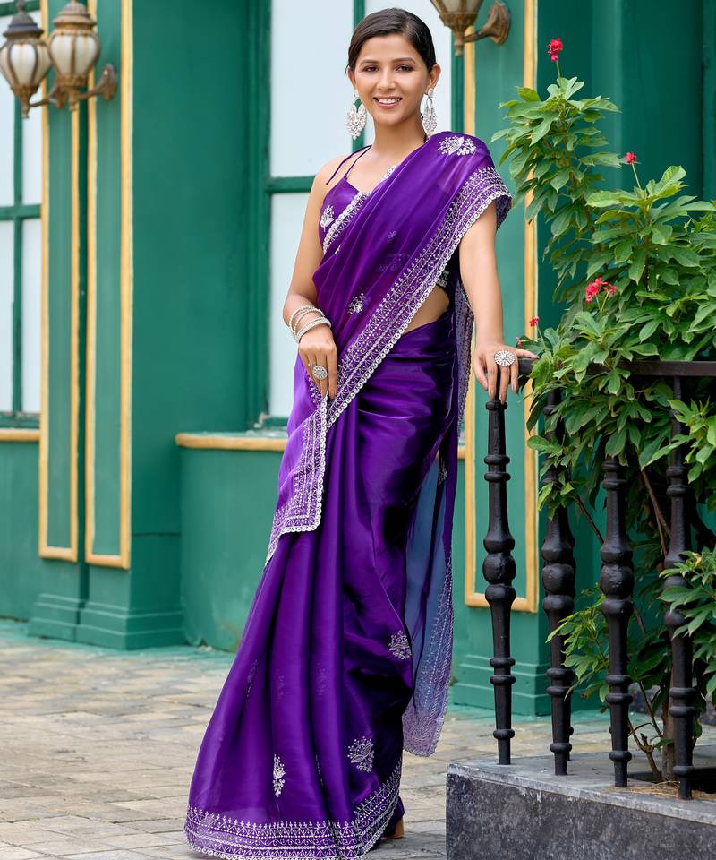 Plum soft shimmer chiffon embroidery work designer party wear festive saree with unstitched blouse piece