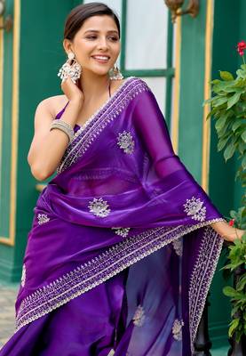 Plum shimmer chiffon embroidery saree with unstitched blouse piece 2