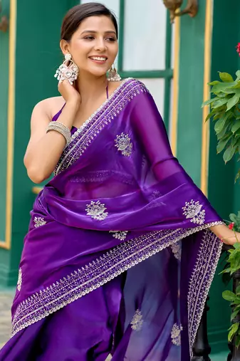 Plum shimmer chiffon embroidery saree with unstitched blouse piece