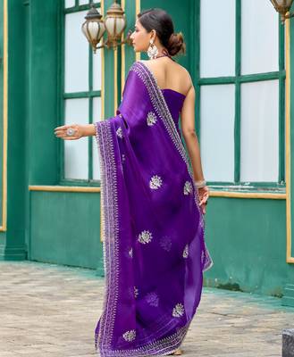 Plum shimmer chiffon embroidery saree with unstitched blouse piece 4