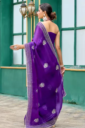 Plum shimmer chiffon embroidery saree with unstitched blouse piece