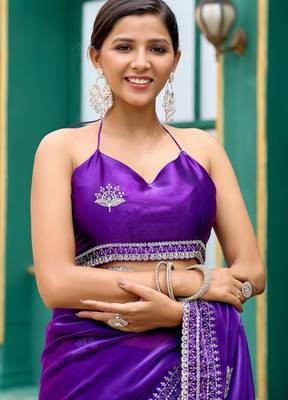 Plum shimmer chiffon embroidery saree with unstitched blouse piece 5