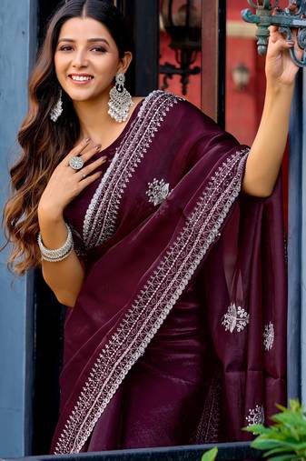 Wine shimmer chiffon embroidery saree with unstitched blouse piece
