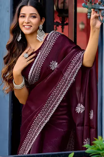 Wine soft shimmer chiffon embroidery work designer party wear festive saree with unstitched blouse piece
