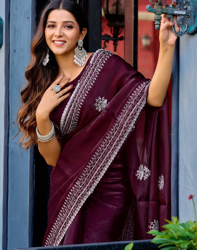 Wine soft shimmer chiffon embroidery work designer party wear festive saree with unstitched blouse piece