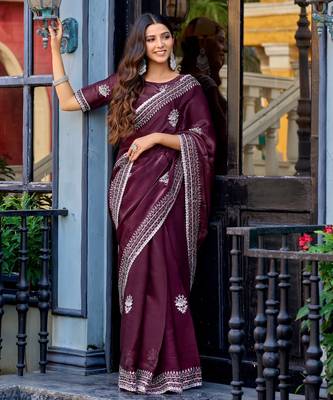 Wine shimmer chiffon embroidery saree with unstitched blouse piece 2