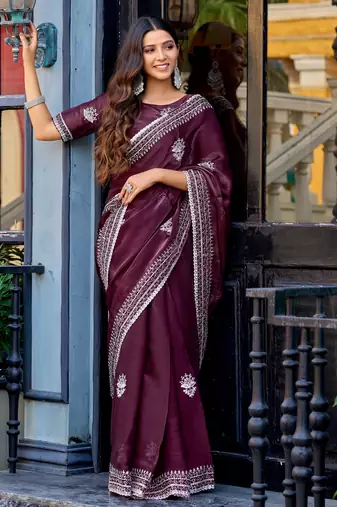Wine shimmer chiffon embroidery saree with unstitched blouse piece