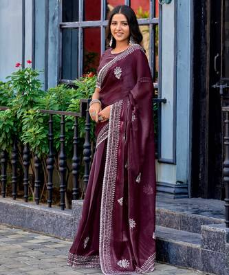 Wine shimmer chiffon embroidery saree with unstitched blouse piece 4