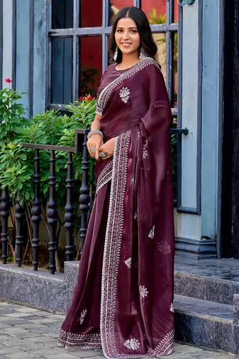 Wine shimmer chiffon embroidery saree with unstitched blouse piece