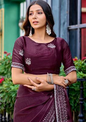 Wine shimmer chiffon embroidery saree with unstitched blouse piece 5