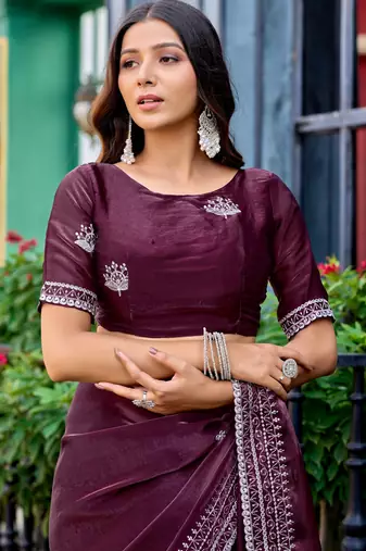 Wine shimmer chiffon embroidery saree with unstitched blouse piece