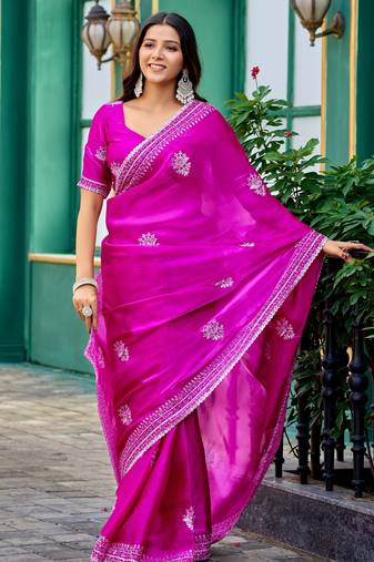 Rani pink shimmer chiffon embroidery saree with unstitched blouse piece