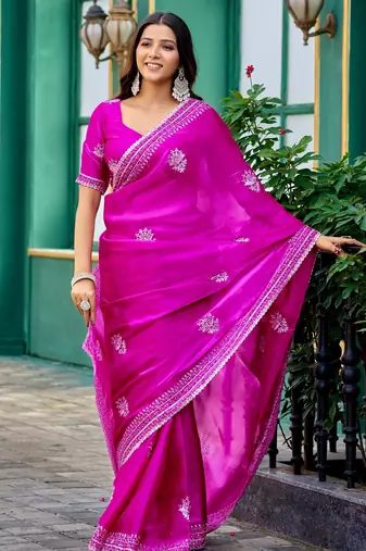 Rani pink soft shimmer chiffon embroidery work designer party wear festive saree with unstitched blouse piece