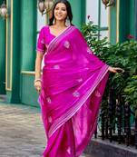 Rani pink shimmer chiffon embroidery saree with unstitched blouse piece