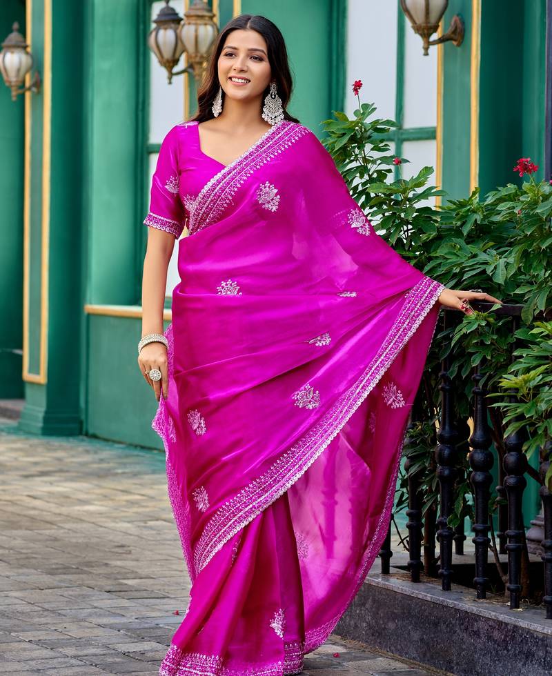 Rani pink soft shimmer chiffon embroidery work designer party wear festive saree with unstitched blouse piece