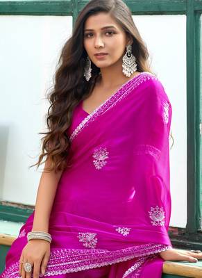 Rani pink shimmer chiffon embroidery saree with unstitched blouse piece 2
