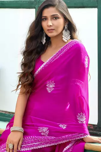 Rani pink shimmer chiffon embroidery saree with unstitched blouse piece