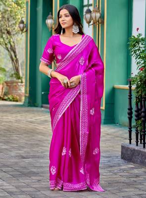Rani pink shimmer chiffon embroidery saree with unstitched blouse piece 3