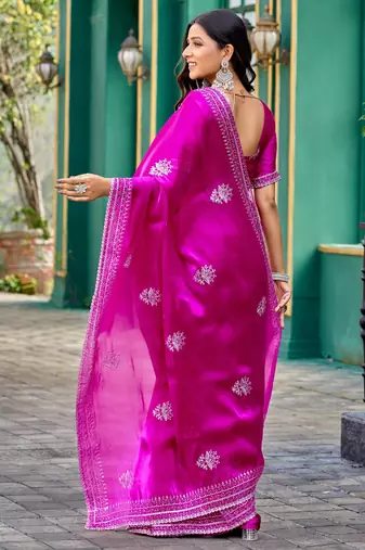 Rani pink shimmer chiffon embroidery saree with unstitched blouse piece