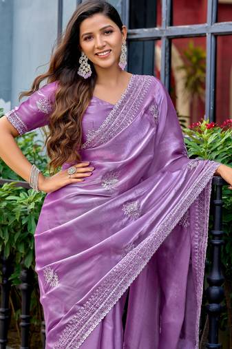 Lavender shimmer chiffon embroidery saree with unstitched blouse piece