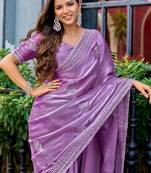 Lavender soft shimmer chiffon embroidery work designer party wear festive saree with unstitched blouse piece