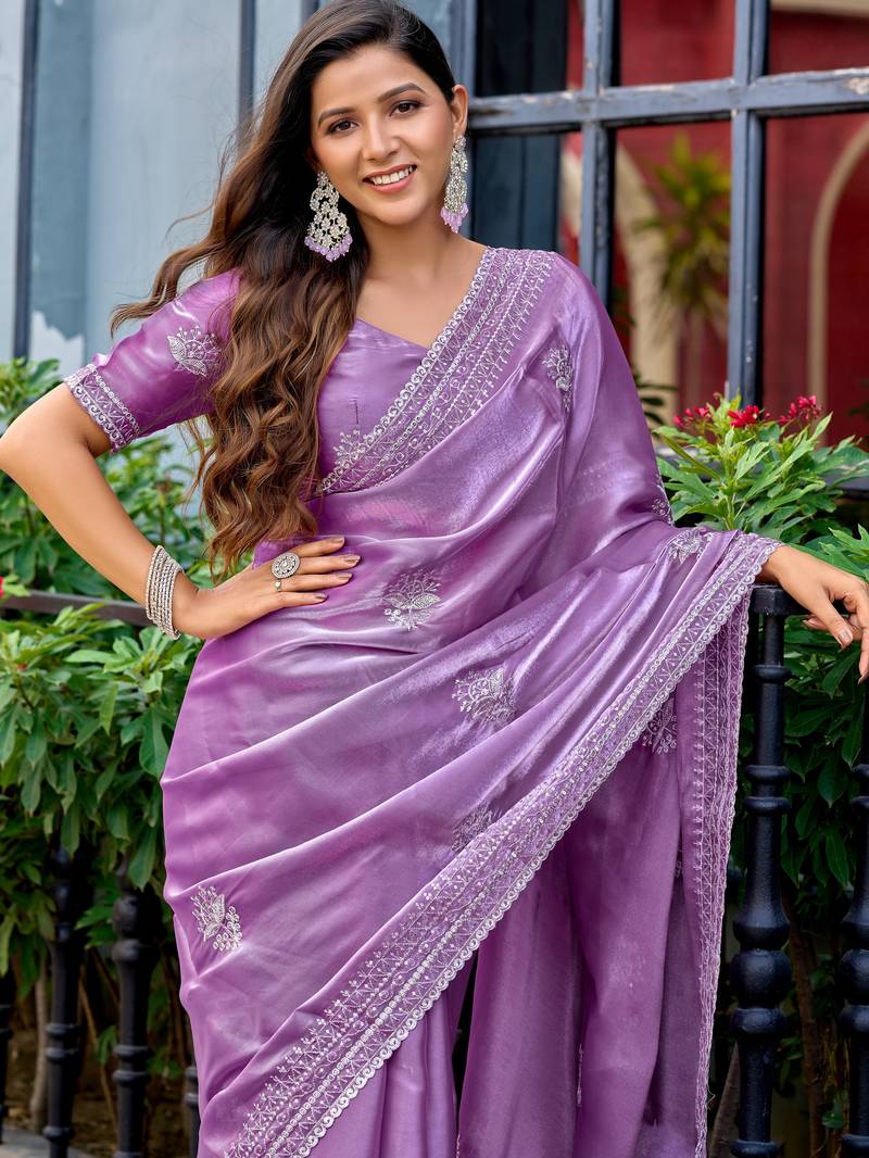 Lavender soft shimmer chiffon embroidery work designer party wear festive saree with unstitched blouse piece