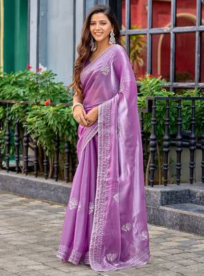 Lavender shimmer chiffon embroidery saree with unstitched blouse piece 2