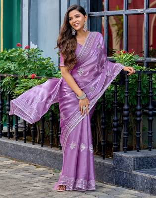 Lavender shimmer chiffon embroidery saree with unstitched blouse piece 3