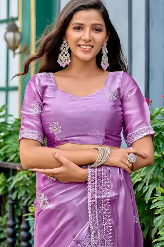 Lavender shimmer chiffon embroidery saree with unstitched blouse piece