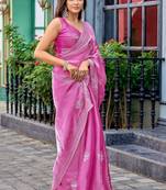 Baby pink shimmer chiffon embroidery saree with unstitched blouse piece