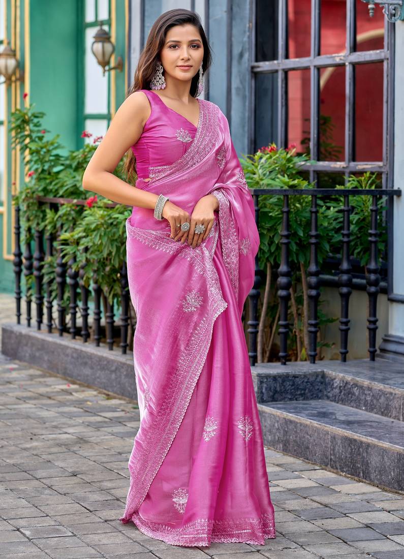 Baby pink soft shimmer chiffon embroidery work designer party wear festive saree with unstitched blouse piece