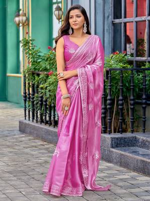 Baby pink shimmer chiffon embroidery saree with unstitched blouse piece 2