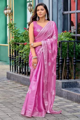 Baby pink shimmer chiffon embroidery saree with unstitched blouse piece